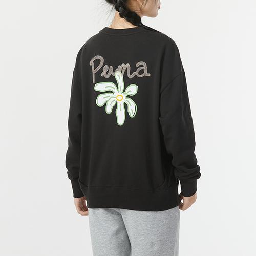 PUMA Women's Black Solid Color Embroidered Crew Neck Long Sleeve Sweatshirt