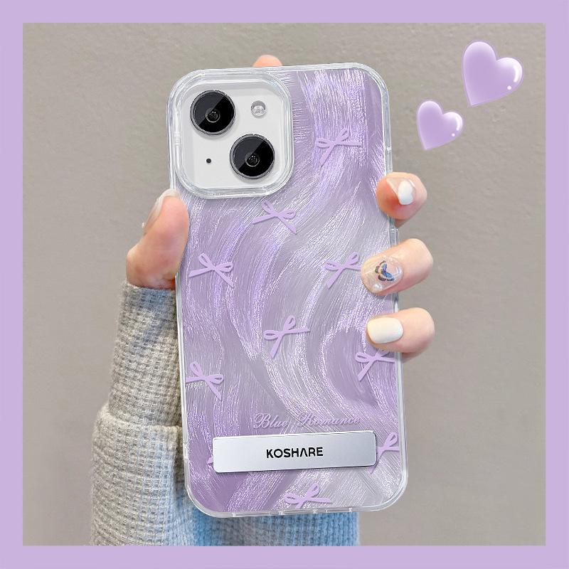 Suitable for Apple 15 Mobile Phone Case Summer IPhone 14 Smudge Purple Butterfly Stand 13pm Feather Yarn High-end Large Hole