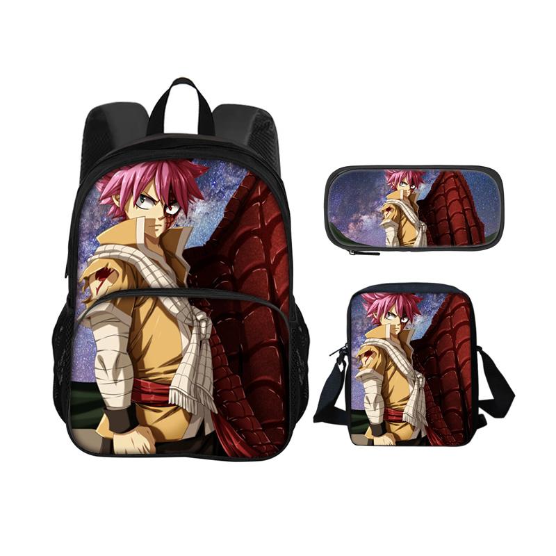 Fairy Tail Cartoon 3Pcs Set with Front Pocket Backpack+Shoulder Bags+Pencil Bag Student Boys and Girls Best Gift Stationery