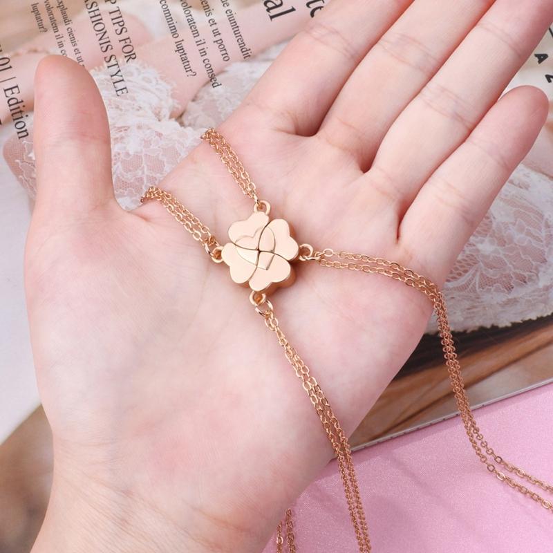 4 Piece Four Leaf Clover Stitching Necklace Magnet Stone BFF Friendship Heart Pendant Chain Choker Necklace Jewelry