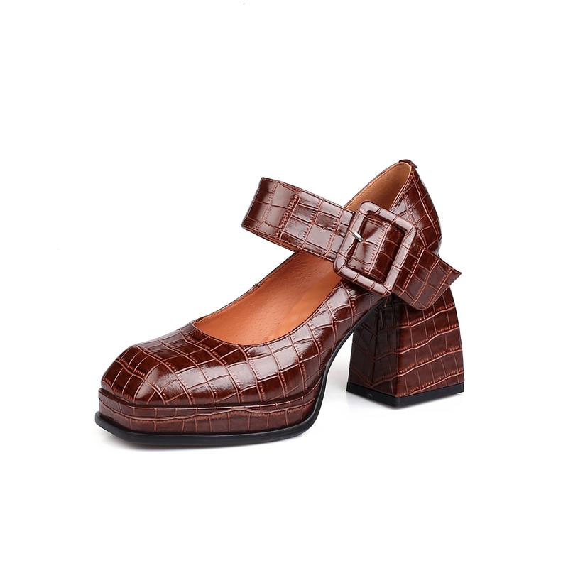 Retro Concise Mary Janes Women Pumps Genuine Leather Platforms Thick Heels Shoes Woman 2024 Spring Casual Buckle Pumps New Shoes