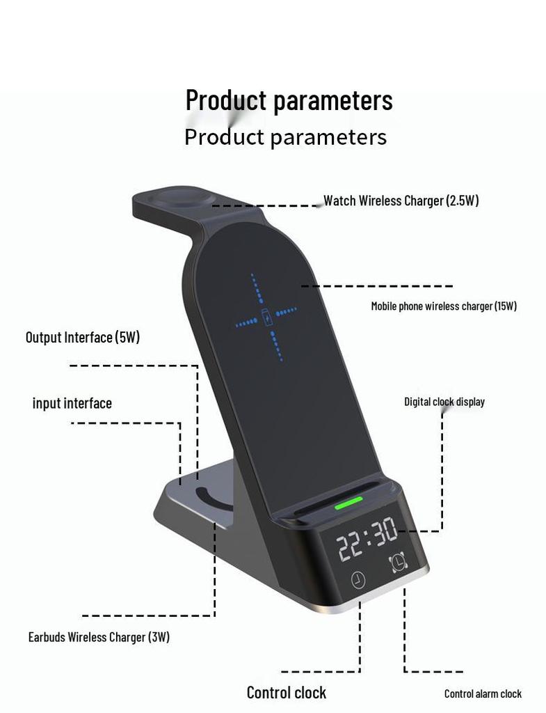 4-in-1 Wireless Charging Station with Clock for Apple Watch, Earphones, and Phone