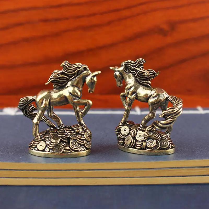 1PCS Brass Zodiac Horse With Money Horse Ornaments Desktop Decoration Crafts Ornaments Antique Bronze Animal Miniature Model