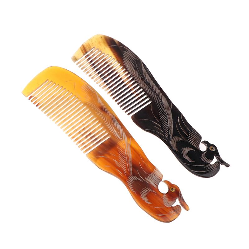 Natural Ox Horn Comb Anti Static Buffalo Combs Mandarin Duck Phoenix Carving Professional Detangling Massage Fine Tooth Comb