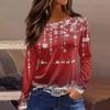 Women's Fashion Casual Slit Hem Round Neck Long Sleeve Loose Printed T-Shirt Ladies Top Christmas
