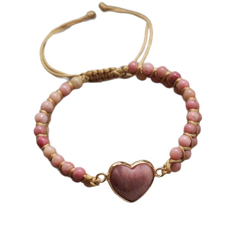 Bohemian Red Heart-Shaped Redwood Stone Double-Layer Woven Women's Bracelet
