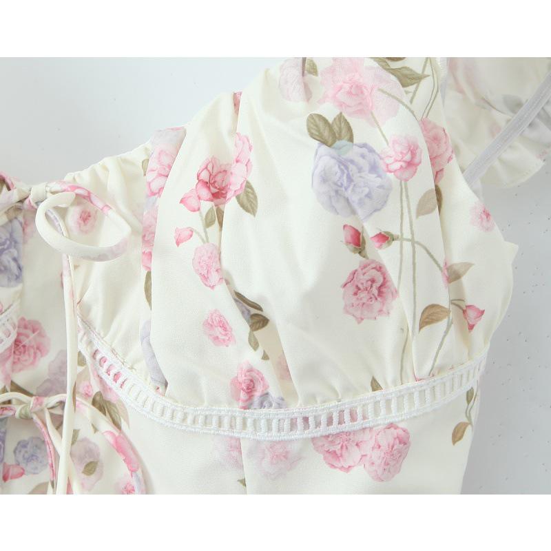2025 Women's Cross-border European & American Lace-up Printed Smocked Camisole Vest