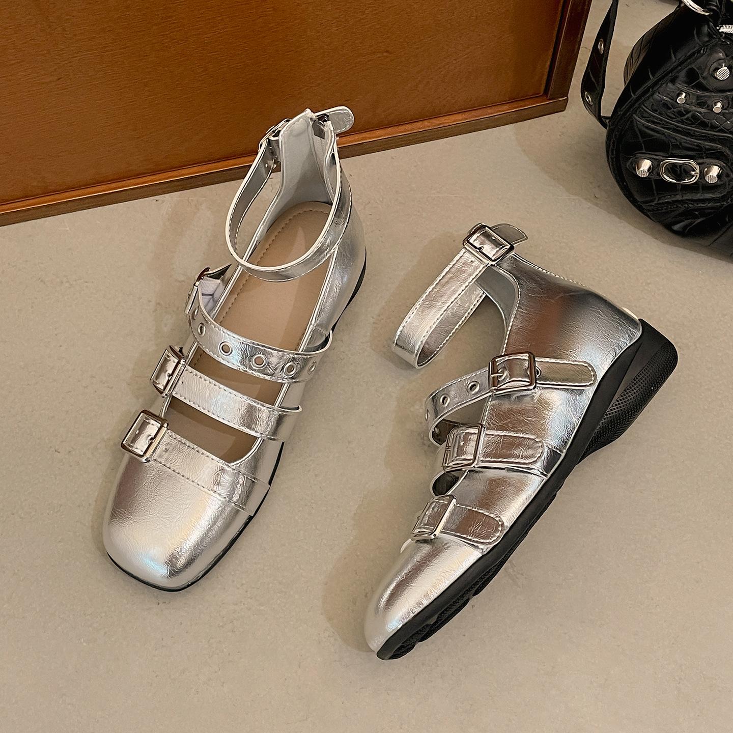 

Silver French ballet style thick-soled shallow mouth inner height-increasing single shoes for women s summer 2025 new models with skirts Mary Jane s 40 серебряный