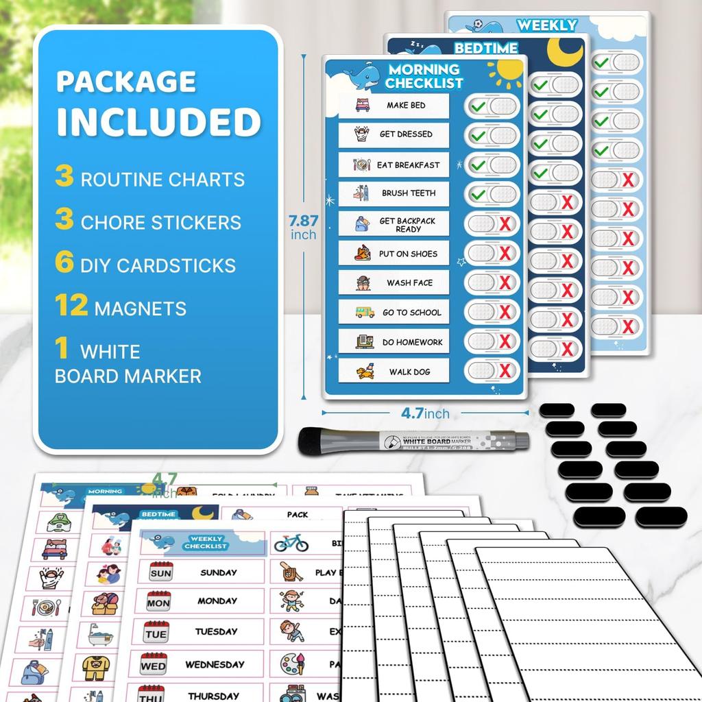 Upgraded Slider 3 in 1 Bedtime/Morning/Weekly Routine Chart for Kids, Magnetic Chore Chart for Kids with 99 Stickers, Cute Visual Schedule for Kid
