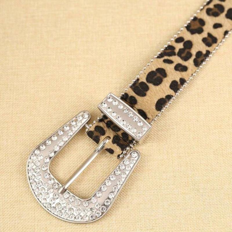 Women  Solid /Leopard Print Studded  Belt Pu Leather Bling  Adjustable Glitter Waistband For Club Party