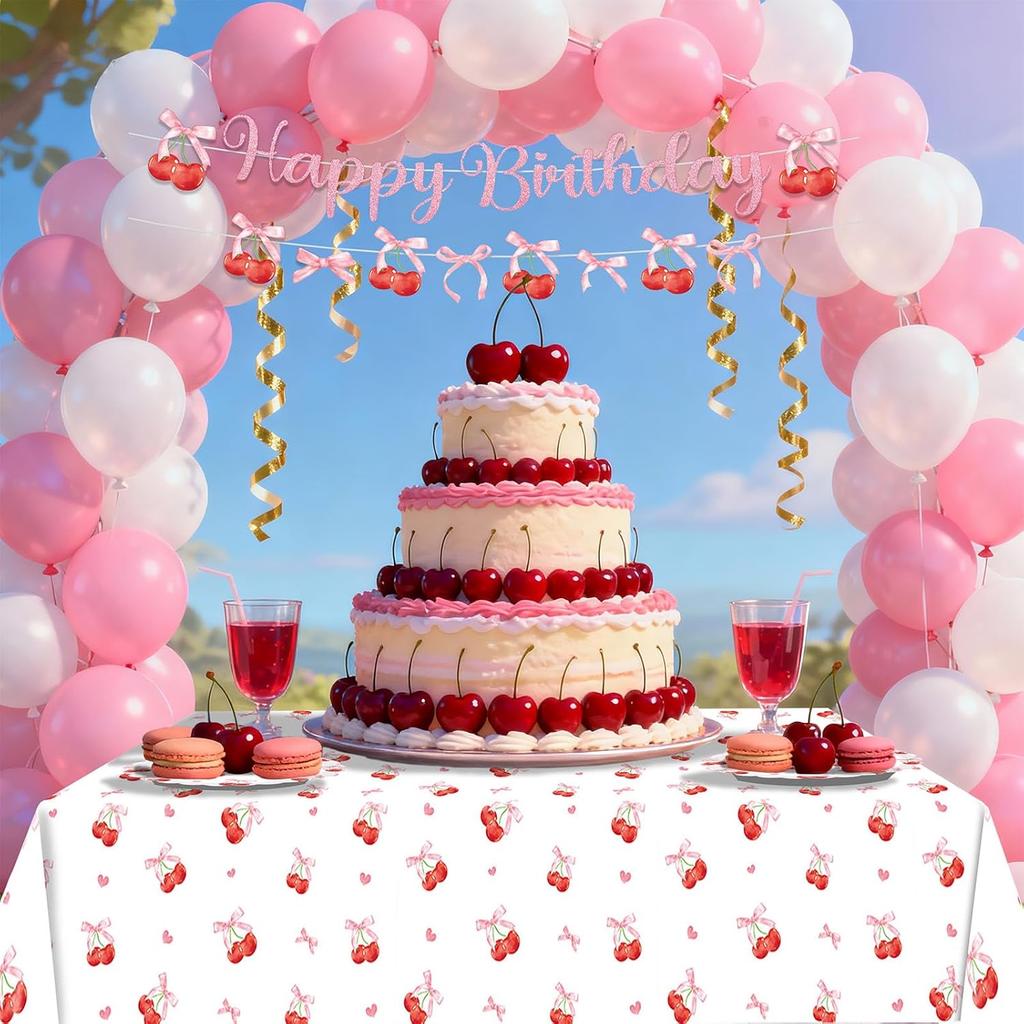 Cherry Party Decorations,Cherry Bow Birthday Banner Cherry Disposable Tablecloth Tattoo Stickers Fan-Shaped Cherry Bow Paper Plates with Napkin Sets