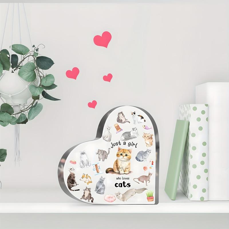 2D Flat, Cat Lover Heart-Shaped Acrylic Desktop Decoration, Cat Lover Gift, Suitable for wall Decoration, porch, Room, Villa, accents Home, Hallway, o