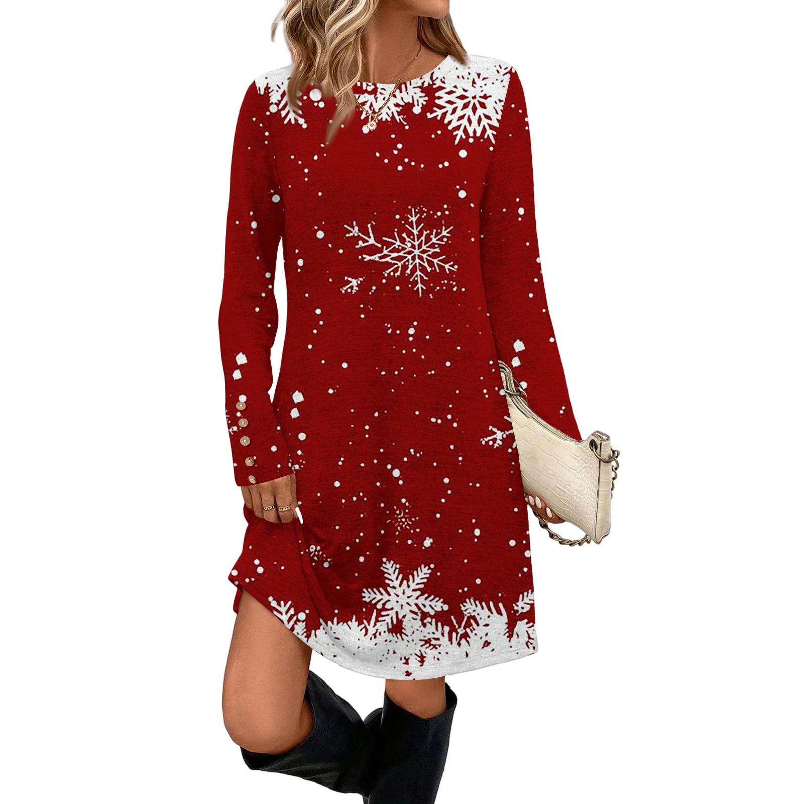 

Жіноча модна повсякденна сукня з кишенями, декоративними ґудзиками, різдвяними принтами, круглим вирізом горловини та довгими рукавами XXL червоний