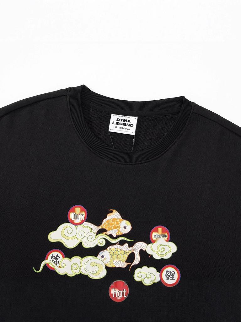 Men's Dunhuang Print Heavyweight Black Hoodie, Long Sleeve, Pure Cotton, 380G, Autumn/Winter.