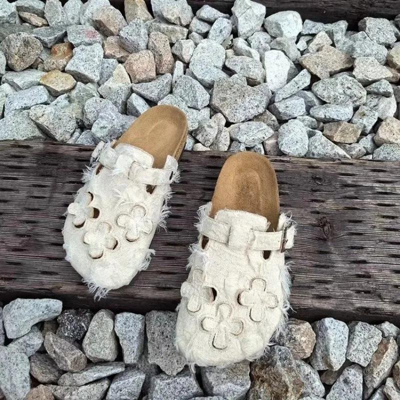 Fashion 2025 Spring Fashion Buckled Decorated Toe-cap Suede Slippers Closed Toe Solid Color Low Heel Novelty Women's Mules Large Size