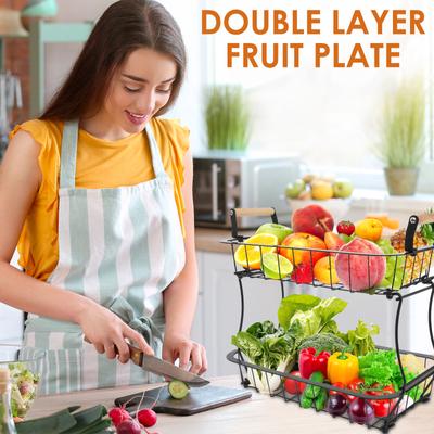2-Tier Fruit Basket Detachable Metal Countertop Fruit Vegetable Basket with Wooden Handles for Bread Snack Veggies Storage NEW