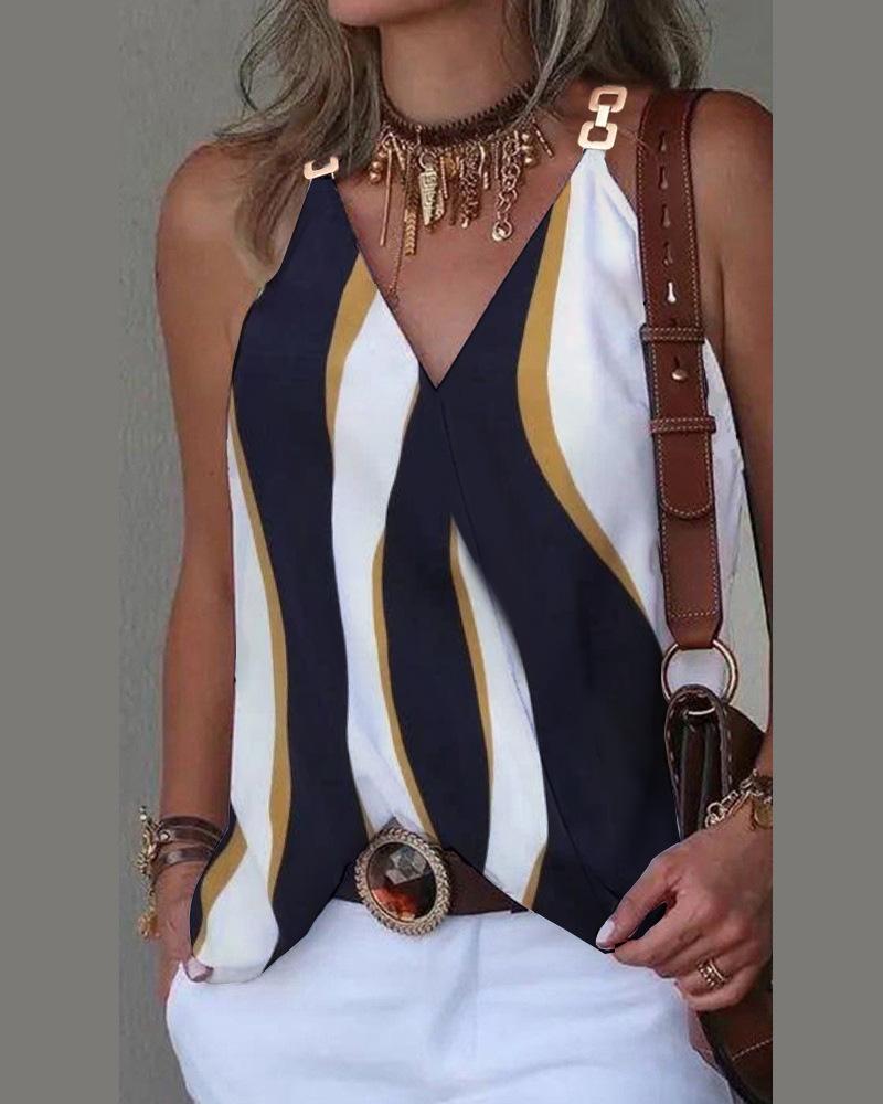 

Women s Summer V-Neck Metal Buckle Print Vest Top S