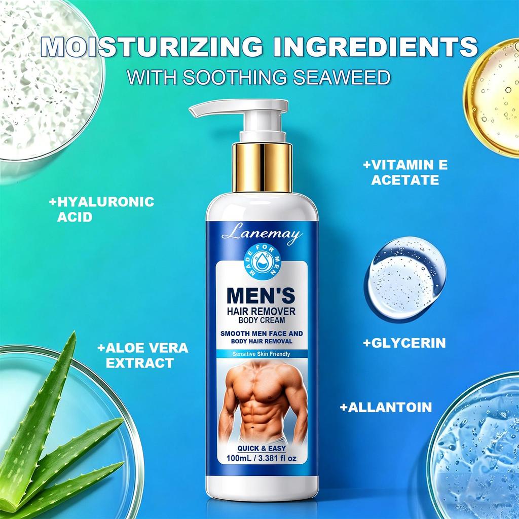 Men‘s Hair Remover Body Cream-Delicate Care For Body And Intimate Areas-Fast Results In 8 Minutes-Suitable For All Skin Types, 100ml