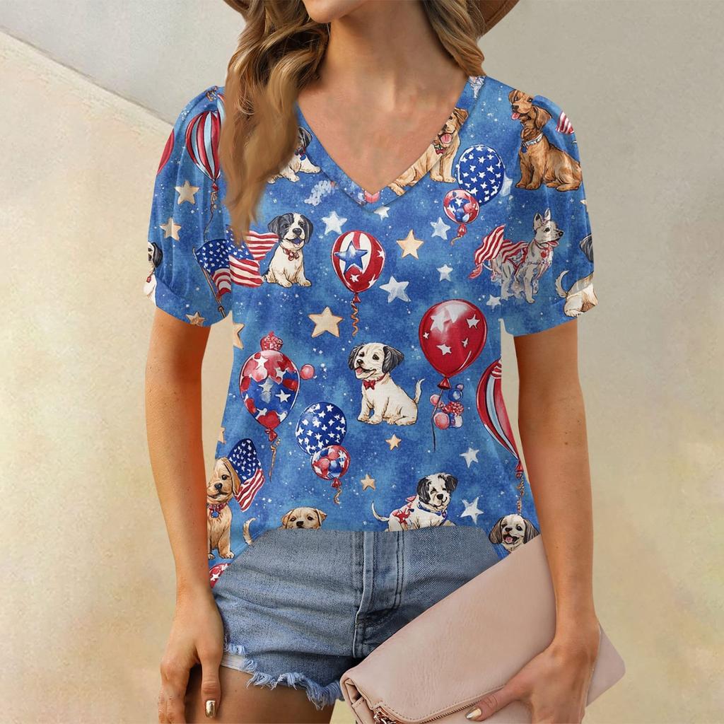 Women's Fashion Independence Day Print Top Puff Short Sleeve V-neck T-shirt Loose Casual T-shirt