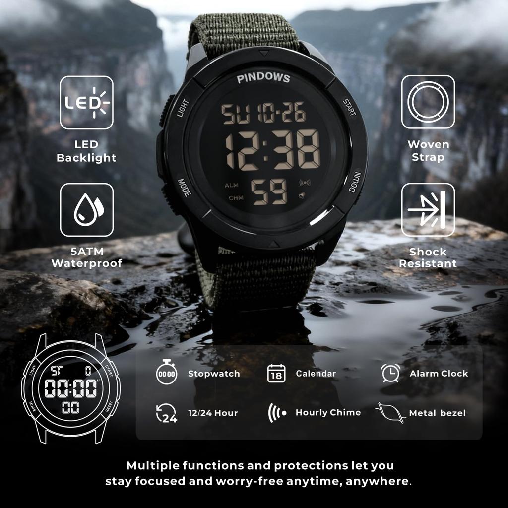 PINDOWS Digital 50M Water Velcro Watch Men's Watch, Resistant, Closure, Work/Sports