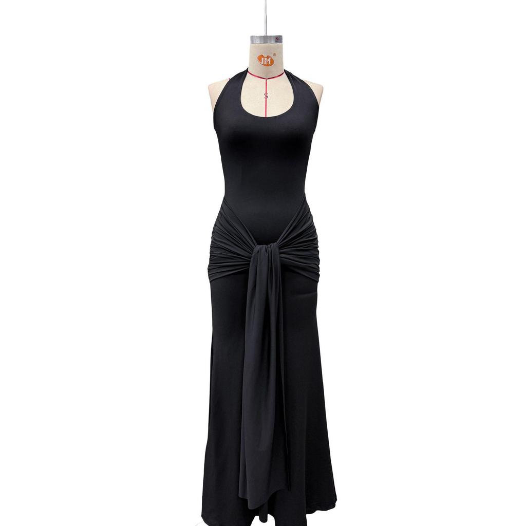 2026 European & American Women's Sleeveless U-Neck Slim-Fit Evening Gown with Waist-Cinched Ribbon