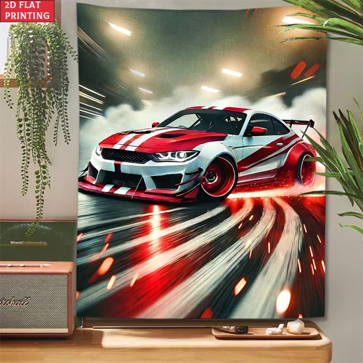 

Vibrant Red White Modified Sports Car Tapestry Drift Racer Track Wall Hanging Car Lover Room Decor suitable offices bars party 74x94cm(29x37in)