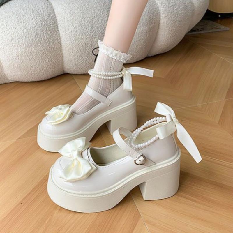 Sweet Bow Mary Jane Leather Shoes for Women Summer White Waterproof Platform Heightening High Heels