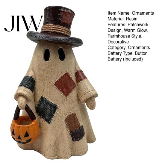 Harvest Festival Entryway Displays Lighted Patchwork Ghost Resin Figurine with Pumpkin Lantern, Rustic Farmhouse Style Halloween Whimsical Autumn Home