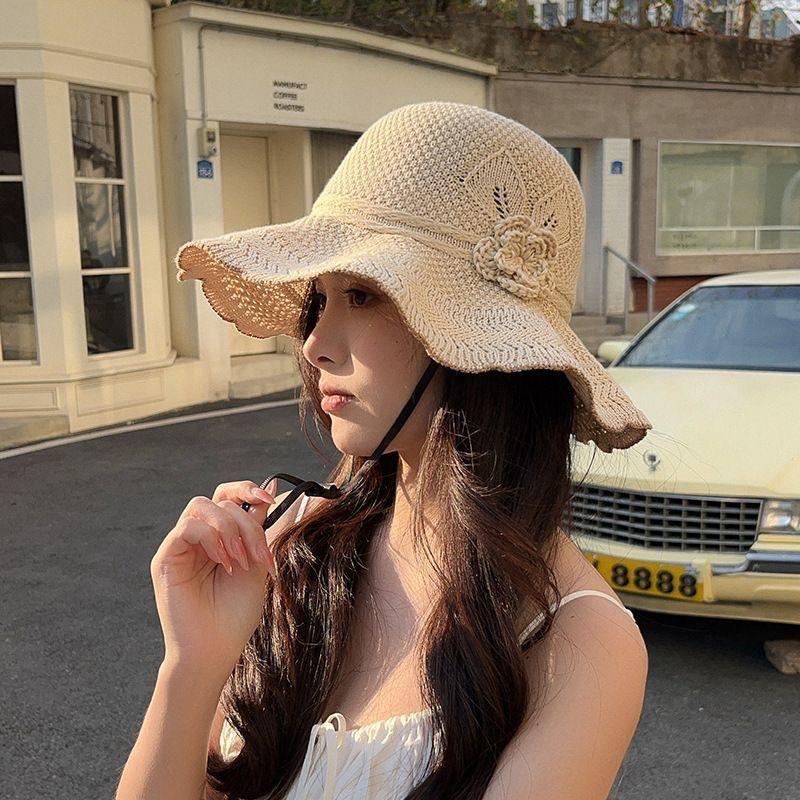 Summer outdoor foldable breathable sun hat children sunscreen bucket hat women's wave eaves knitted basin hat