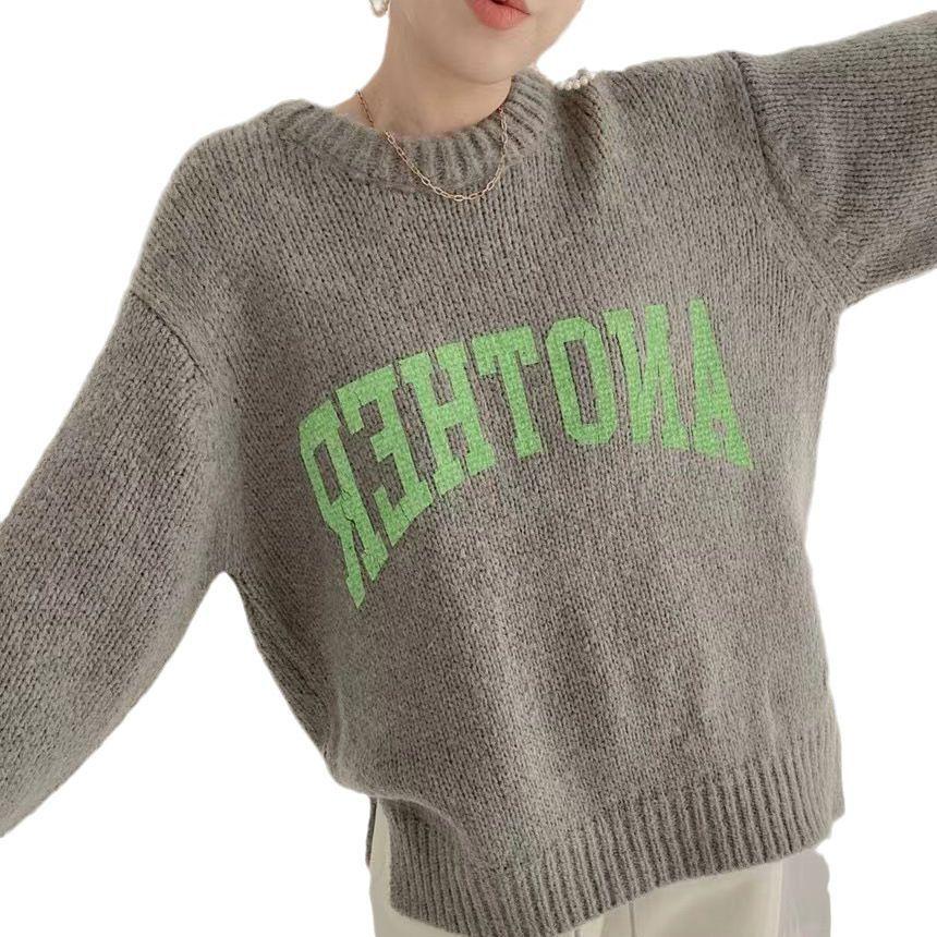 

Women s Retro Letter Sweater - Autumn/Winter Loose Fit, Dopamine Color, Round Neck Knitwear One Size світло-зелений колір