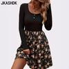 Women's Fashion Spring Fall Flower Pattern Print Long Sleeve U-Neck High Waist Casual Dresses