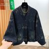 DIMANAF 2026 Autumn Winter Plus Size Women Denim Jackets Coat Casual Loose Blue Print Floral Vintage Outwear Pockets