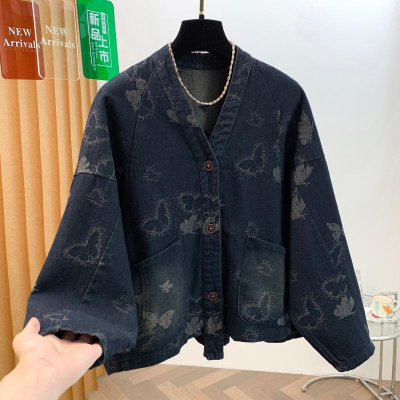 DIMANAF 2026 Autumn Winter Plus Size Women Denim Jackets Coat Casual Loose Blue Print Floral Vintage Outwear Pockets