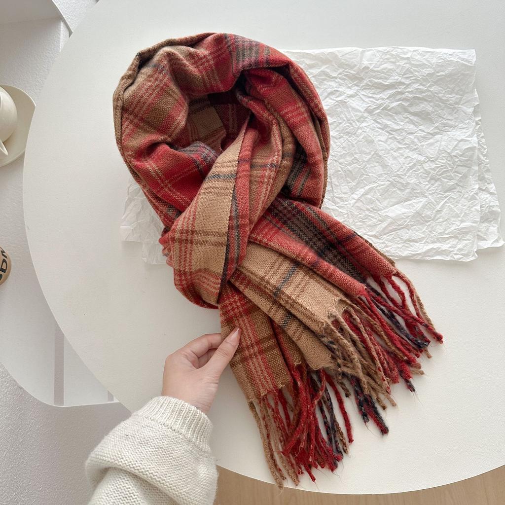 Scarf Women's New Winter Wave Plaid Tassel Thickened Shawl High End Atmosphere Versatile Warm and Cold Proof Scarf