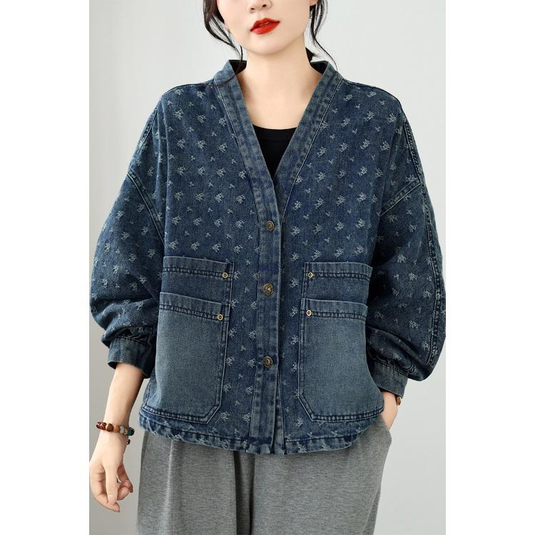 Fashion Jacquard Denim Short Jacket with Multiple Pockets for Women Trendy Outerwear
