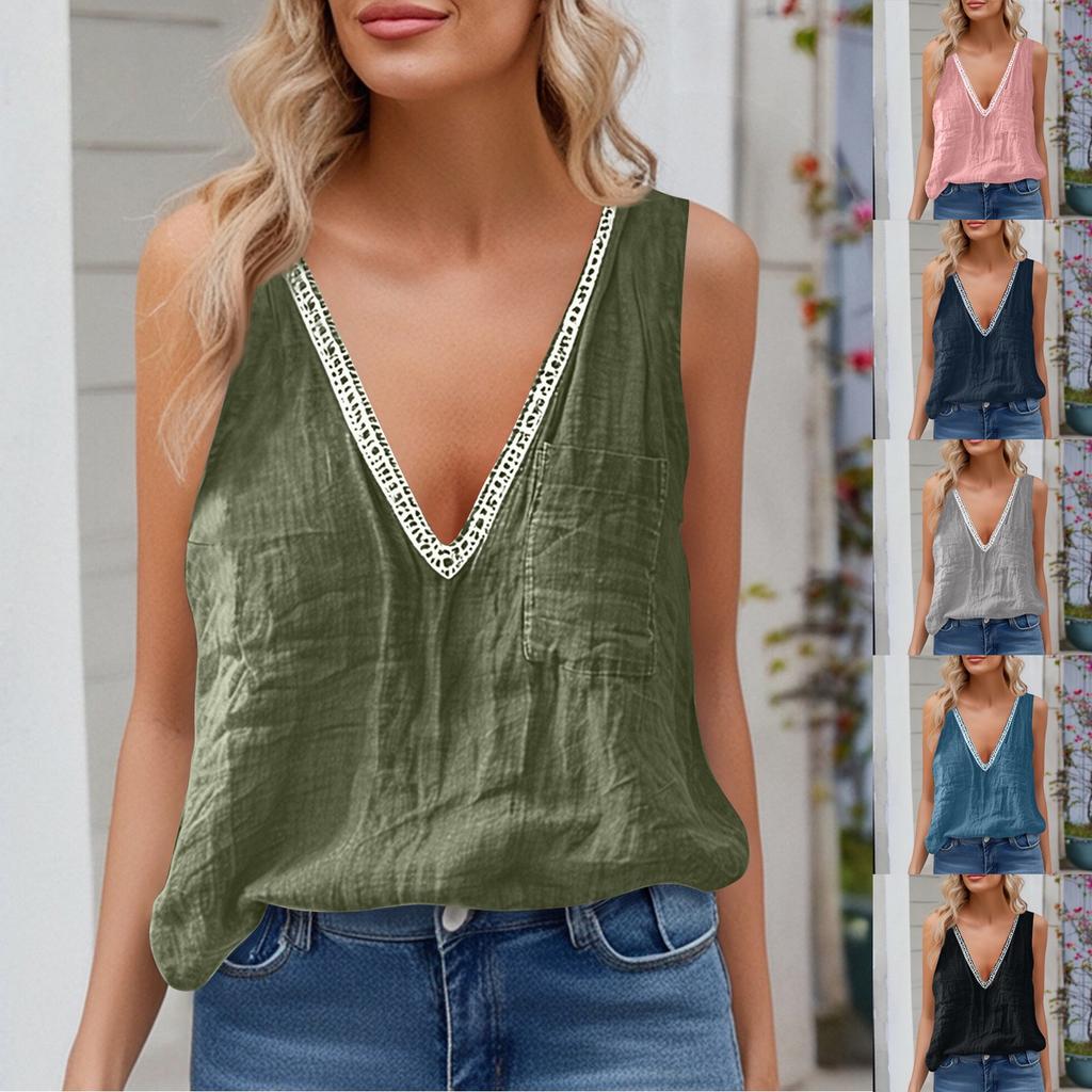Women's Fashionable Sleeveless Cotton Linen Color V Neck Pocket Casual Loose Vest Top