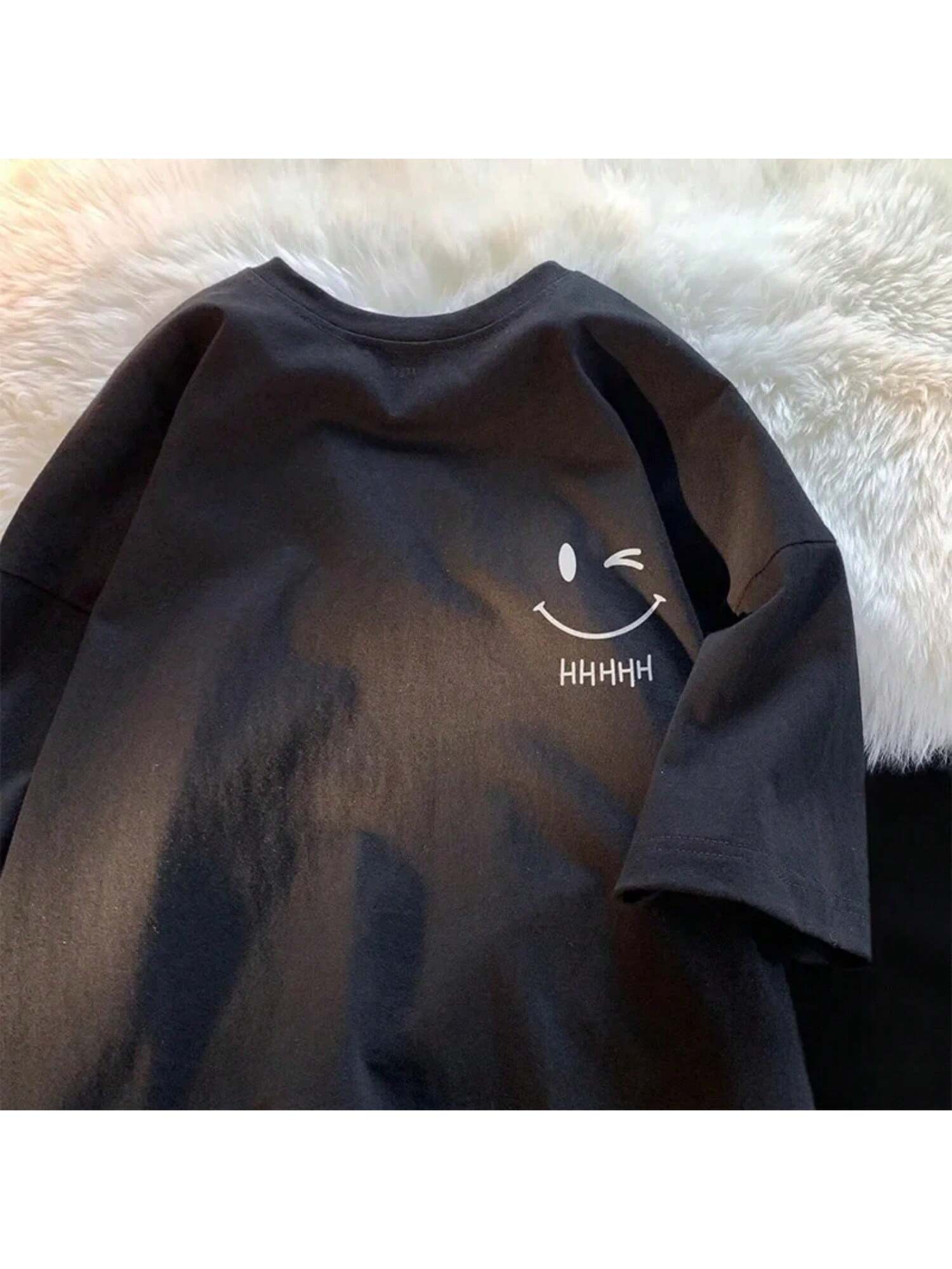 Summer unisex Smiling Face Funny Printed Fashion Short Sleeved T-Shirt American Basic Simple Pullover Top S