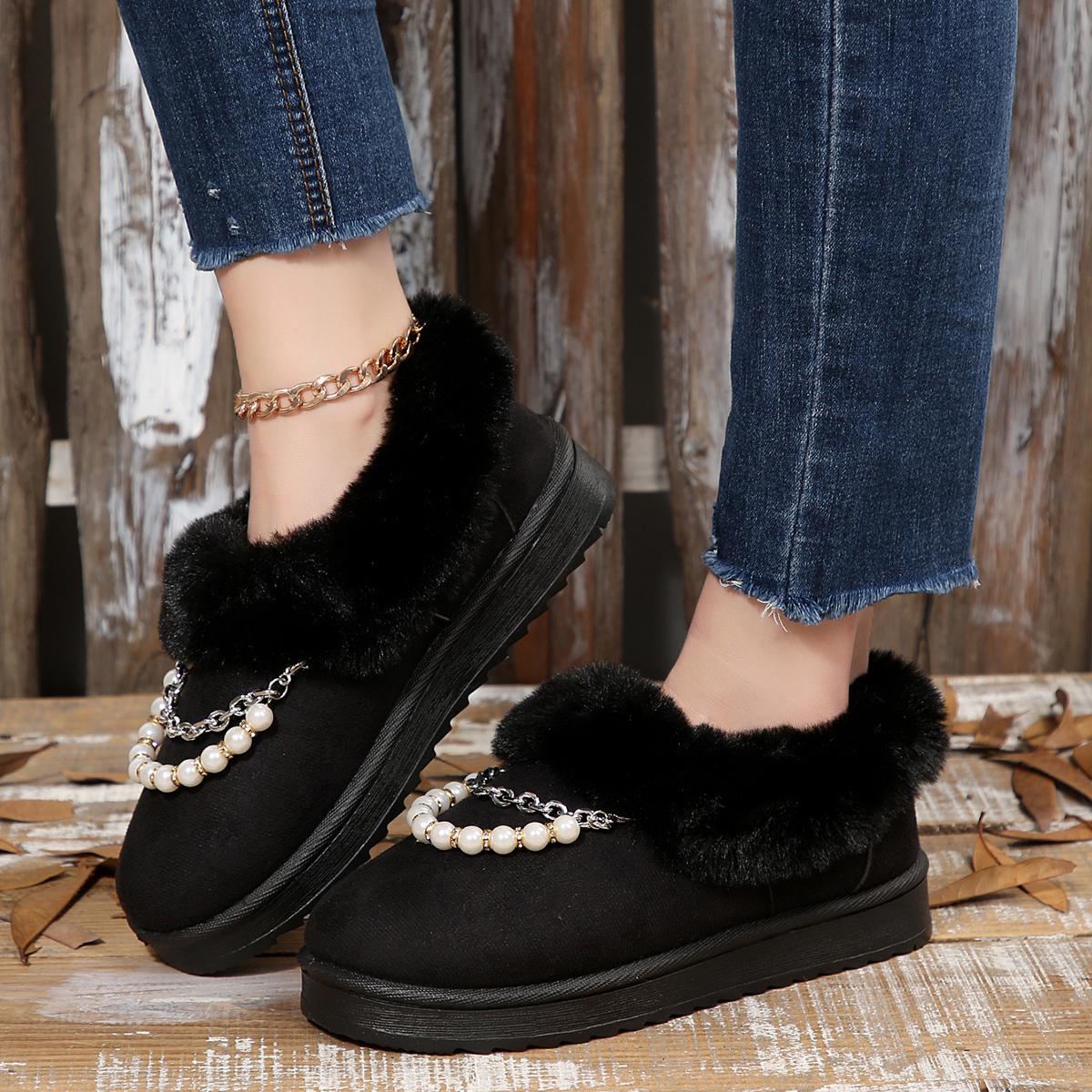 

Модные Роскошные Жемчужные Цепи Искусственный Мех Зимние Ботинки Женские 2025 Зима Круглый Носок Нескользящая Толстая Подошва Хлопковые Ботинки Теплые Короткие Плюшевые Ботильоны 36 чёрный