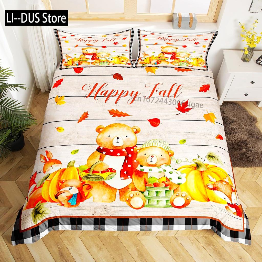Autumn Pumpkin Duvet Cover Full Size 3 Pcs Watercolor Orange Maple Leaves Bedding Set For Kids Teens Adults With 2 Pillowcases