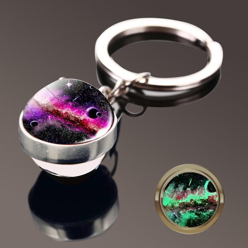 Double-Sided Glass Galaxy Keychain with Moon, Earth, Mars Pendants