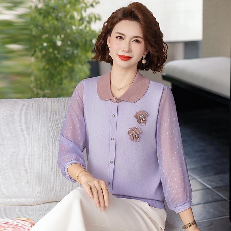 Spring Arrival: Loose Lapel Knit Top for Middle-Aged & Elderly Women – Lightweight, Stylish T-Shirt for Spring/Summer