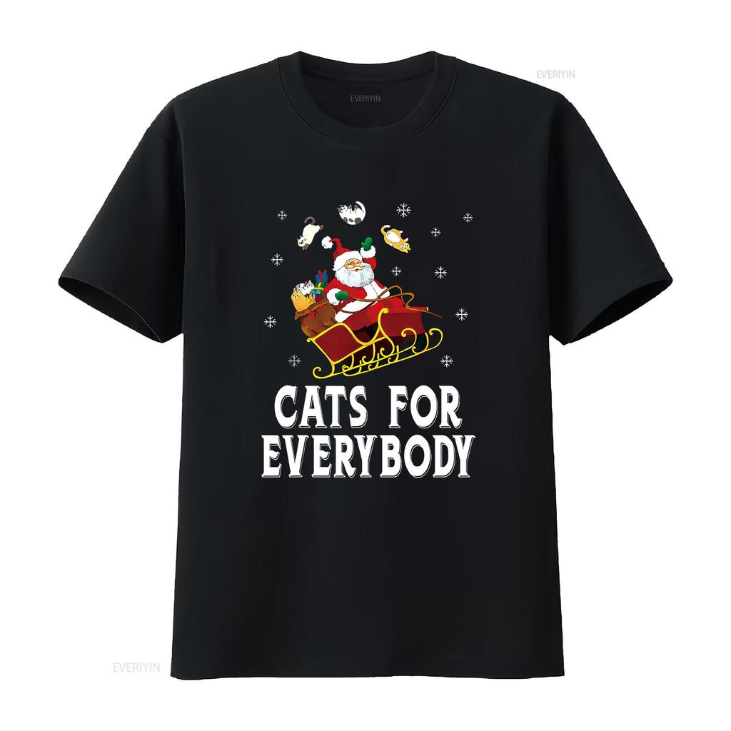 Cats For Everybody Christmas Cat Funny Xmas Women Santa T Shirt Vintage Washed Casual Slightly Homme Stretched Breathable