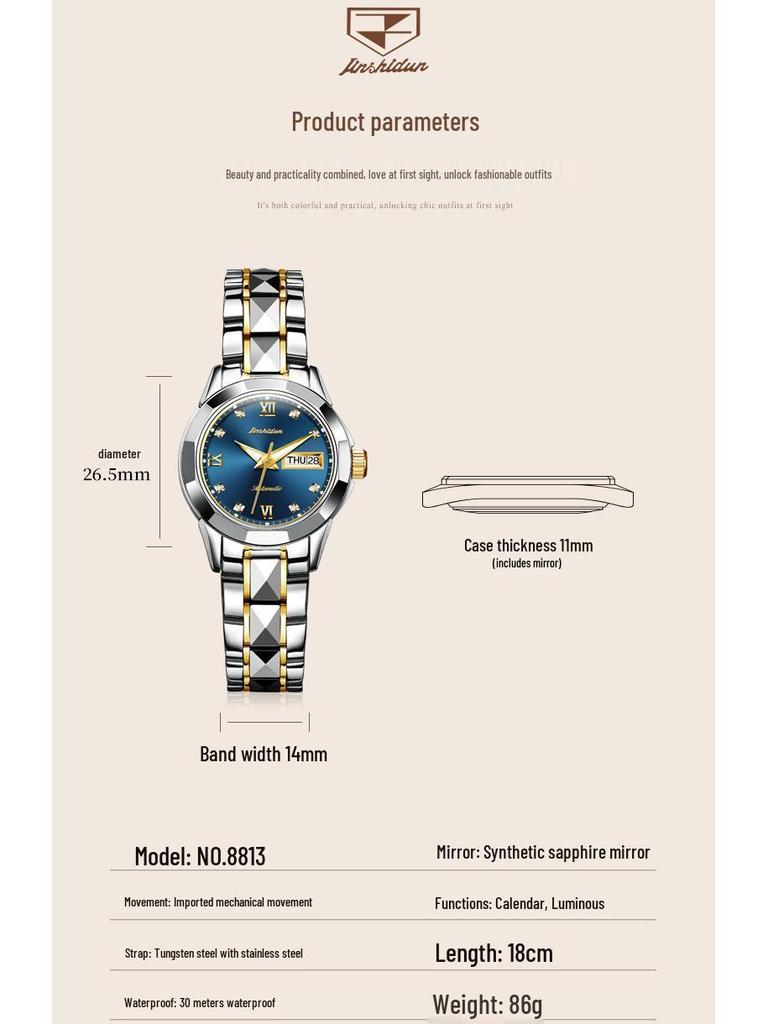 Jinshidun Women's High-End Automatic Mechanical Watch with Imported Movement