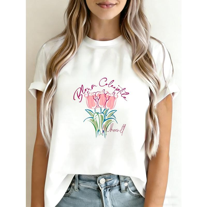

White T-Shirt With Pink Tulip Flower And Bloom Coleoptile Text Design For Casual Wear XXXXL білий