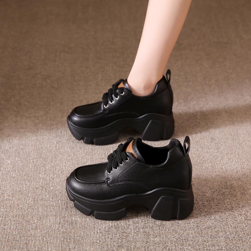 Height Increasing Sports Casual Shoes Spring Autumn New Lace Up Leather Sneakers Versatile Platform Chunky Sole Women's Footwear