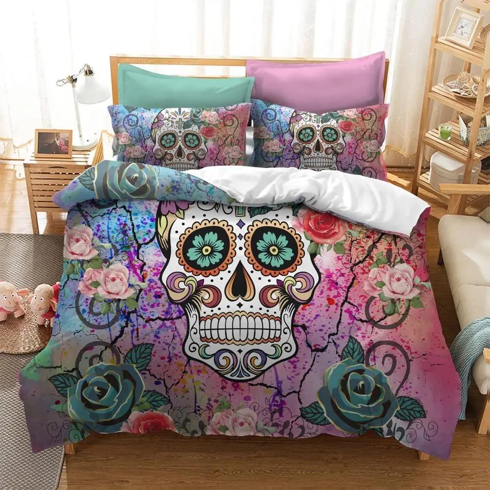Sugar Skull Duvet Cover Set,3D Printed Gothic Skull Bedding Set,Soft  Comforter Cover with Zipper Closure and 2 Pillow Shams