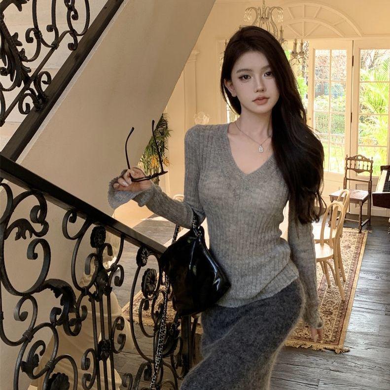 Pure Desire Vibe Sexy V-Ausschnitt Damen Strickoberteil mit ausgestellten Ärmeln - Herbst Winter Y2K Stil Pullover