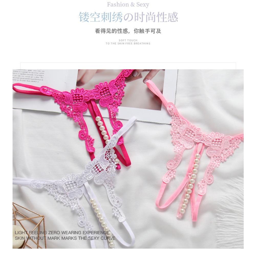 Stylish Transparent Embroidered Sexy Women's Panties Hollow Pearl Massage Open Crotch T Pants Low Waist Thong 2200