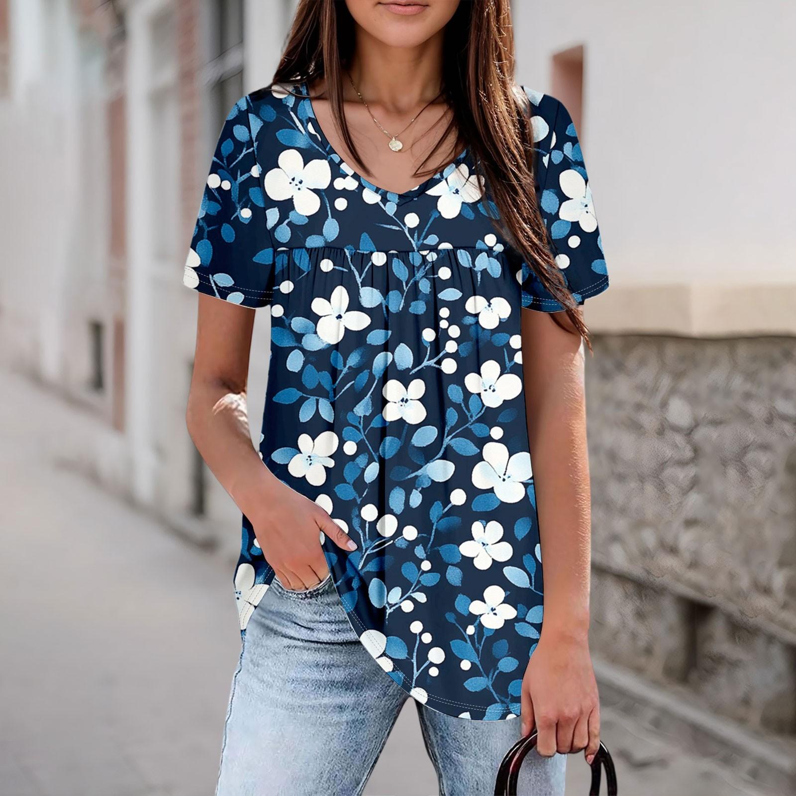 

Women s Casual V-neck Short-sleeved Chest Pleated Short-sleeved Top L