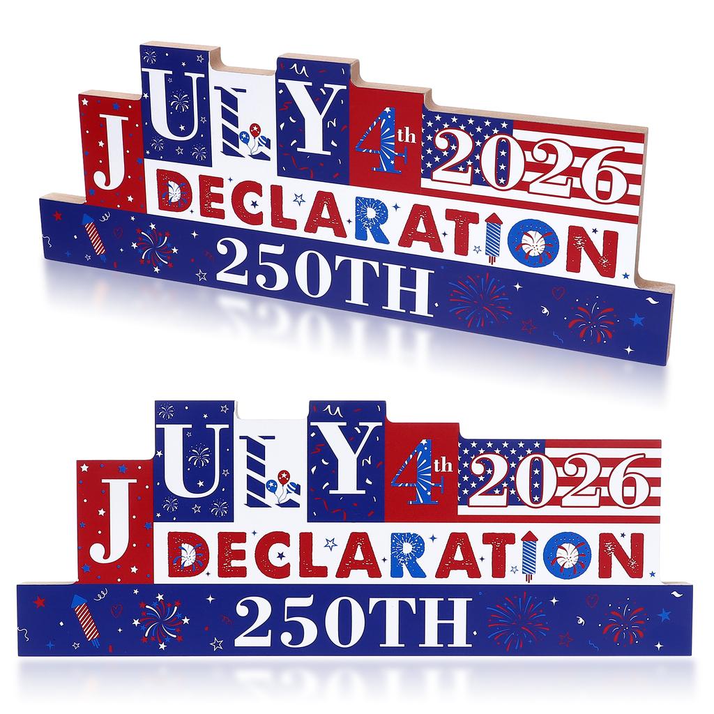 Patriotic Design: Wooden Table Sign Featuring Bold Red, White, And Blue Colors With Fireworks, Stars, And Festive July 4Th 2026